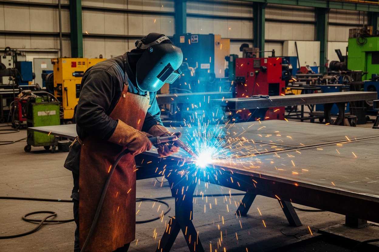 A welder in a leather apron and protective helmet works on a metal sheet, creating a bright blue spark and flying orange embers in an industrial workshop.