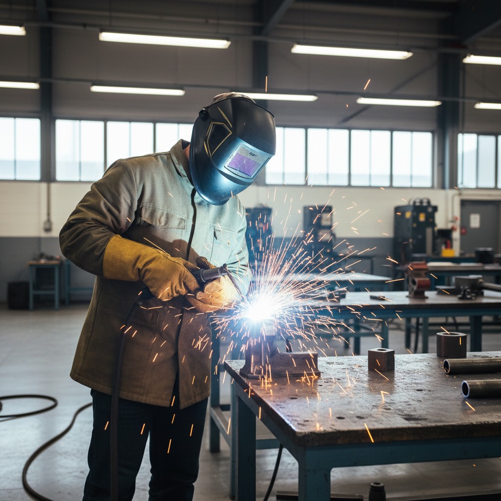 A welder wearing protective gear and a mask works at a metal table in a factory, creating a bright spray of sparks.