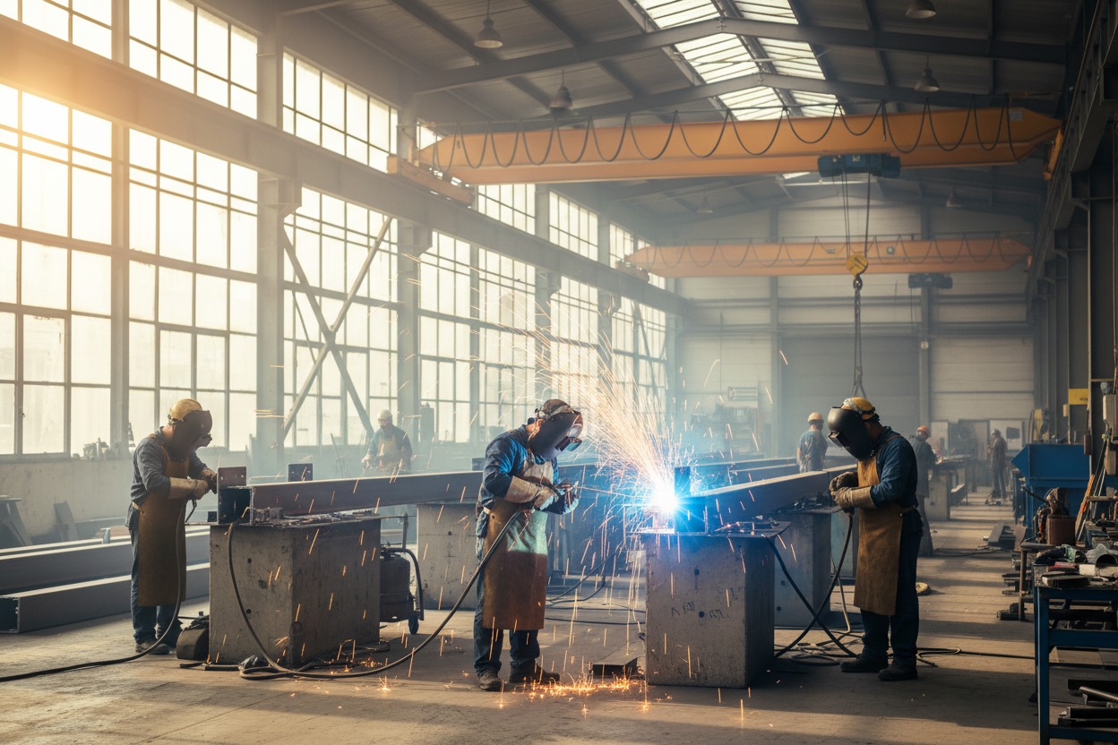 Workers wearing protective gear weld metal beams inside a sunlit industrial factory.
